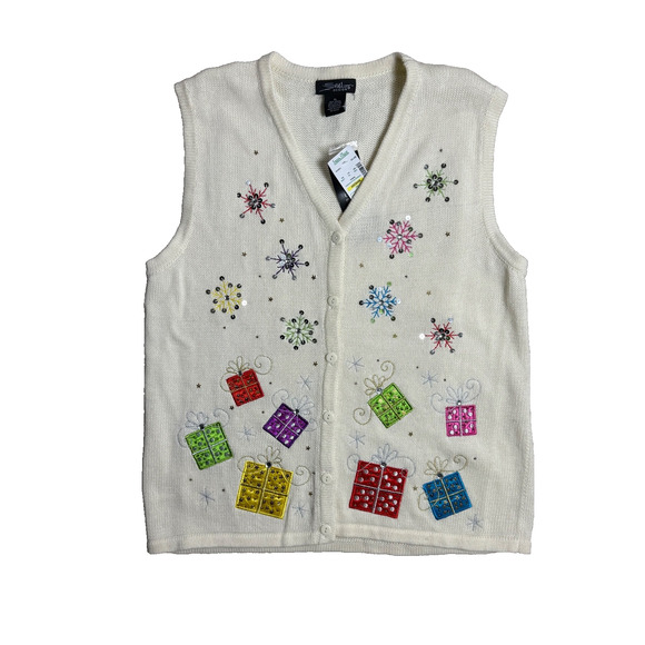 SML Design Sweaters - Christmas Sweater Vest Sequins Presents Snowflakes Size XL NEW Cream Silver